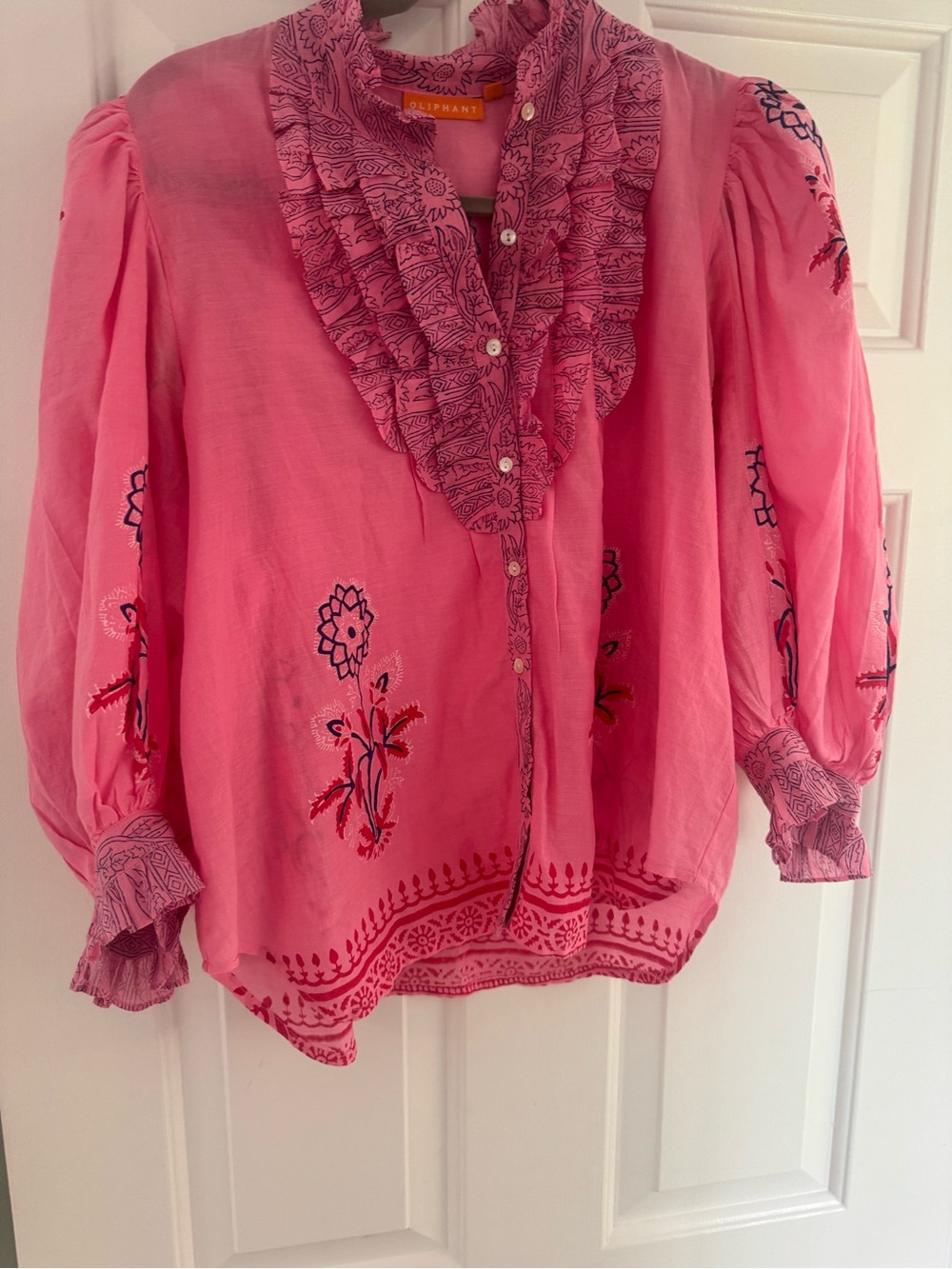 Oliphant Pink Ruffled Floral Print Women's Blouse